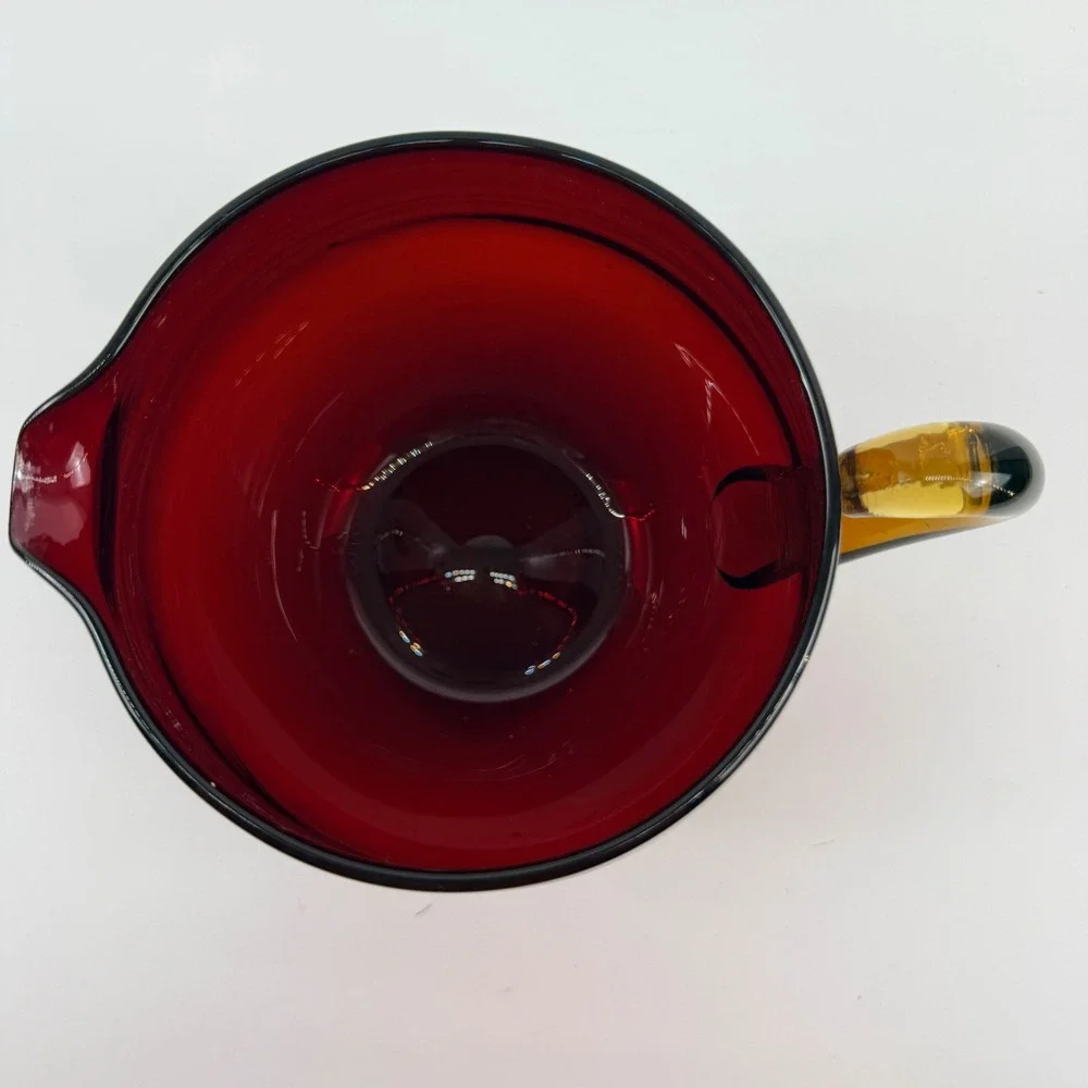 Vintage‎ Hand Blown Ruby Red Glass Pitcher Applied Amber Handle Mid Century